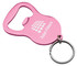 A pink Pilsner bottle opener keyring with a silver keyring attachment, featuring a logo on one side.