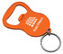 A drink bottle opener in vibrant orange, featuring a keyring and a logo. Suitable for easy bottle opening.