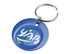 A round blue keyring featuring a logo in the centre, attached to a silver keychain.