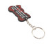 A black and red motorcycle-shaped keyring with a metal chain and a branding logo.