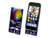 A smartphone stand in blue and white, featuring a colourful design with a logo and a smartphone displayed.