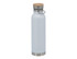 A drink bottle with a light blue finish, stainless steel base, and a wooden lid. Includes a branding logo.