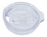 A plastic lid for a travel mug, featuring a clear, transparent design with a small opening and a slider mechanism.
