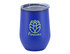 A blue double wall travel mug with a clear lid and a logo featuring a pinecone design.