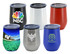 A collection of six travel mugs in various colours: black, white, red, blue, silver, and a design featuring a tropical scene.