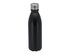 A drink bottle in matte black aluminium with a silver screw-on lid, featuring a logo.