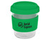 A drink bottle featuring a clear body and a bright green silicone sleeve and lid, with a logo on the side.