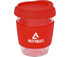A drink bottle featuring a clear body and a red silicone lid and sleeve, with a logo on the side.