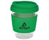 A drink bottle featuring a clear body, green silicone lid, and grip, with a logo on the side.