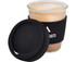 A drink cup featuring a black silicone sleeve and lid, filled with a frothy coffee beverage.