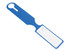 A blue luggage tag with a slot for personal information and a circular cutout. It features a branding logo.