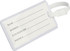 A clear, rectangular luggage tag with spaces for name, address, city/state/zip, and phone number. Features a white strap.