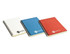 A set of three A5 notebooks in white, blue, and red, each with a spiral binding and a logo on the cover.