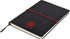A black A5 notepad with a red elastic band, featuring a logo on the cover.