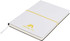 A white A5 notepad with a yellow elastic band and a logo on the cover, featuring black inner pages.