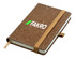 A brown bonded leather A6 notebook with an elastic band closure and a branded logo on the cover.