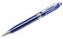 A blue executive stylus pen with silver accents and a logo.