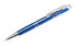 A blue metal pen with a shiny silver clip and a branding logo.