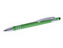 A green stylus pen with a silver clip and accents, featuring a black stylus tip at the end.