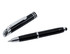 A black stylus pen with a silver clip and accents, featuring a writing tip and a stylus end.