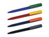 A set of four plastic pens in blue, red, yellow, and green, with matching coloured caps, features a logo.