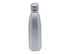 A drink bottle with a sleek silver stainless-steel design and a screw-on lid, featuring a logo.