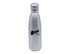 A drink bottle in silver, featuring a sleek design and a logo on the front.