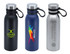 A drink bottle collection featuring a black, navy blue, and stainless steel vacuum flask, each with a logo.