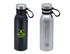 A drink bottle with a black matte finish and a silver stainless steel option, both featuring logos.