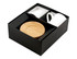 A drinkware set featuring two white coffee mugs and a bamboo saucer in a black presentation box.
