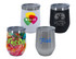 A set of four travel mugs in white, black, stainless steel, and colourful designs, each with a lid and branding.