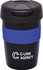 A travel mug with a black body and a blue band, featuring a logo on the front and a secure lid.