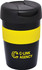 A double wall travel mug in black with a yellow band and a lid, featuring a logo.