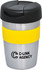 A double wall travel mug in silver and black with a yellow silicone grip and a logo on the front.