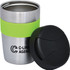 A double wall travel mug in stainless steel with a green silicone grip and a black lid, featuring a logo.