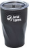 A travel mug with a sleek black design and a clear lid, featuring a logo on the side.