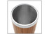 A bamboo travel mug with a stainless steel interior and a sleek design. It features a branding logo.