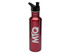 A drink bottle in a shiny red finish featuring a black spout and a logo. Made from stainless steel.