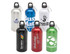 A drink bottle collection featuring stainless steel and aluminium options in silver, blue, red, black, and green, each with a logo.