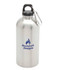 A drink bottle made of stainless steel, featuring a black cap and a logo. It's designed for durability and portability.