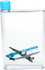 A drink bottle in clear plastic with a blue lid, featuring a graphic of an airplane and a branding logo.