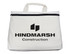 A cream conference bag with a top zip closure and a handle, featuring a logo on the front.