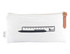 A white pencil case featuring a ruler and pen design, with a zipper closure and a leather pull tab.