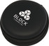 A round black case with a zip, featuring a logo on the front. The case is compact and designed for storing items.
