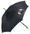 A black umbrella with a curved wooden handle and a logo on the canopy, designed for leisure and outdoors.