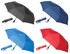 A collection of four umbrellas in black, navy blue, light blue, and red, each with a matching branded sleeve.