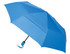 A blue umbrella with an automatic open/close feature and a matching handle. It features a logo on the handle.