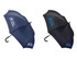 A navy and a black umbrella are displayed, both featuring curved handles and a branded logo.