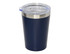 A drink bottle featuring a navy blue exterior, stainless steel base, and a clear lid. It has a logo on the surface.