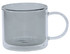 A transparent double wall mug with a light grey tint and a clear handle. The mug has a sleek design and a logo.